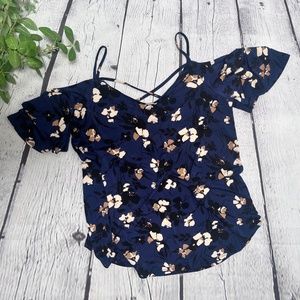 Kailiegh Women's Cold Shoulder Blouse Navy Blue Floral Size Medium NWT